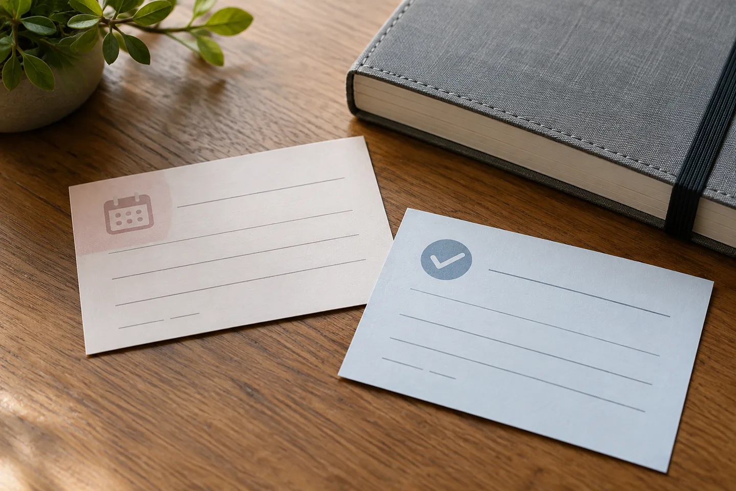 close-up of two different appointment cards beside a closed desk calendar