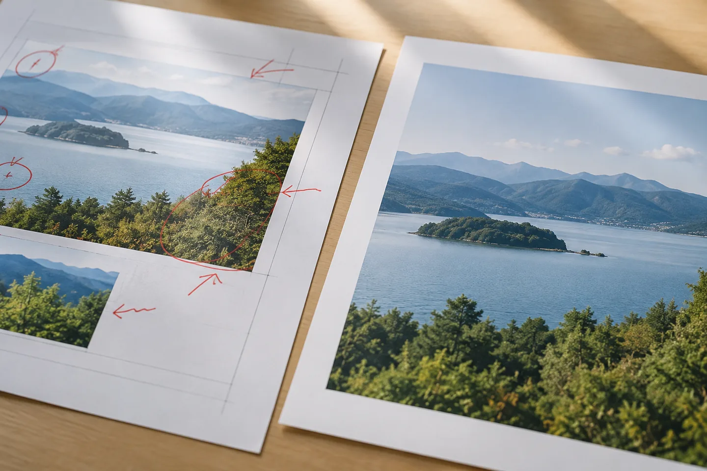 close-up of a marked paper proof beside a clean final print on a light table
