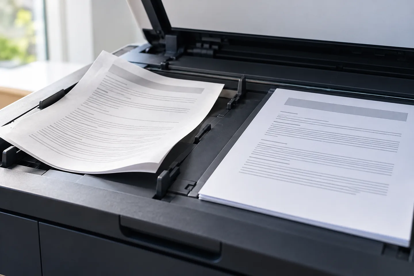 detail of a scanner tray holding a bent document beside a clean flat document