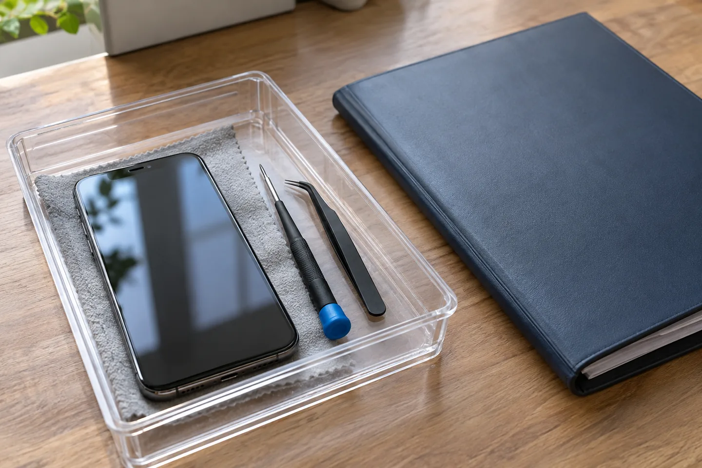 修理品と受付資料を整理したサービスカウンター