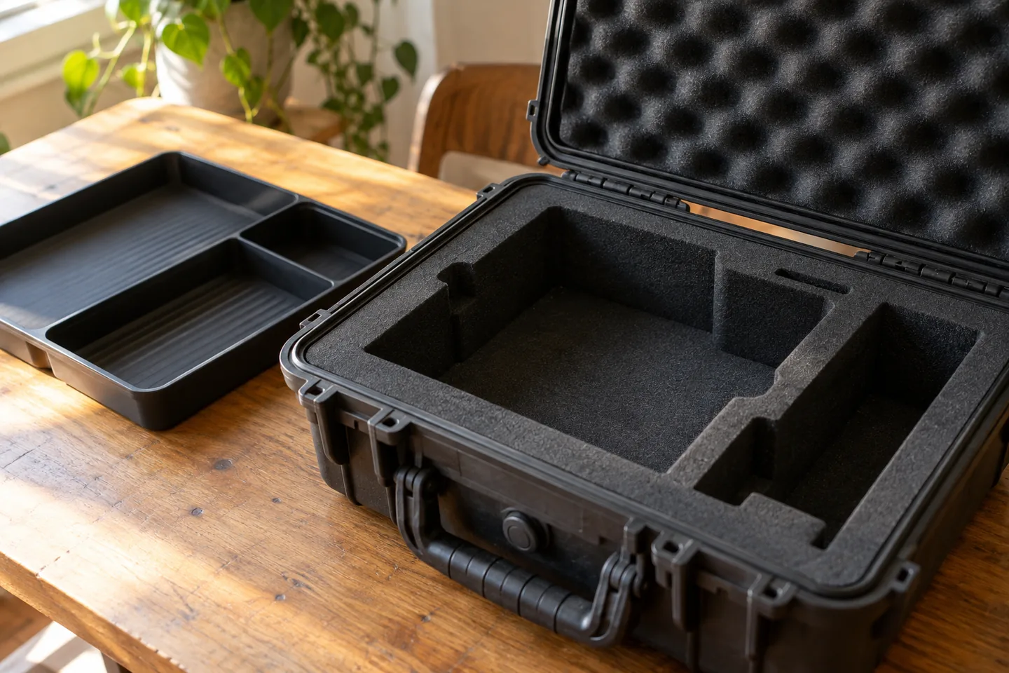 detail of an empty equipment case compartment beside a return tray.