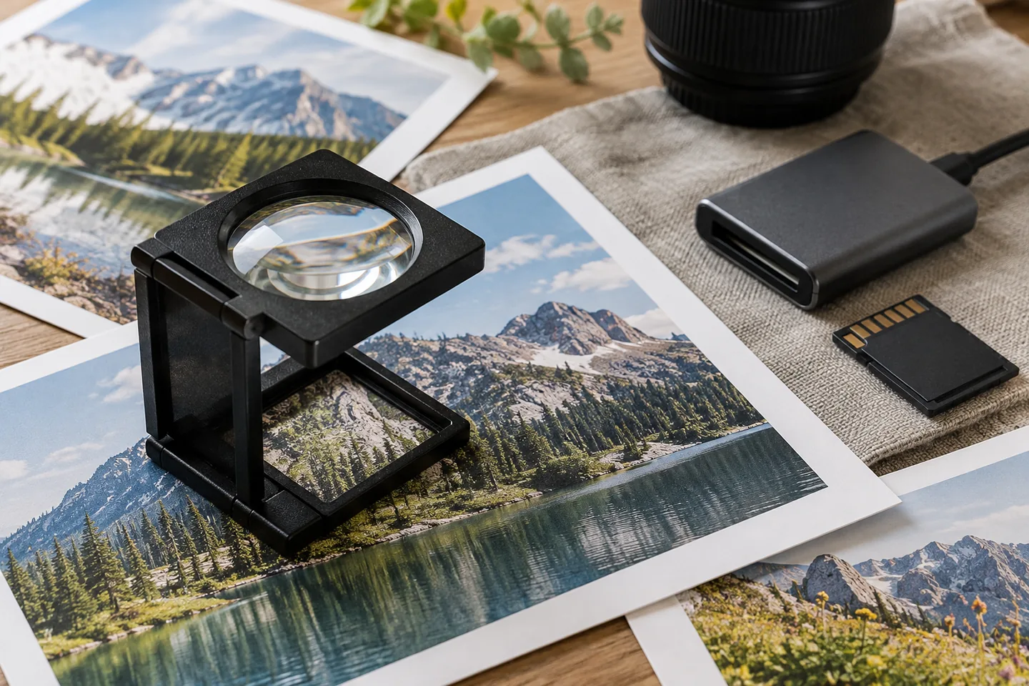 A magnifying loupe over detailed landscape prints with a memory card reader nearby