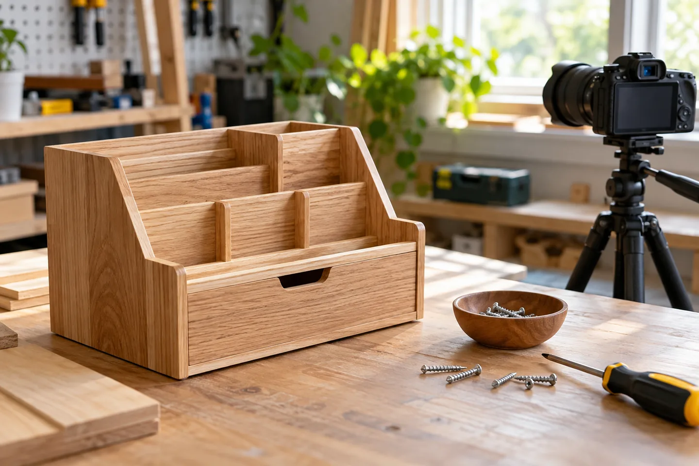 完成した木製収納用品と撮影用の三脚
