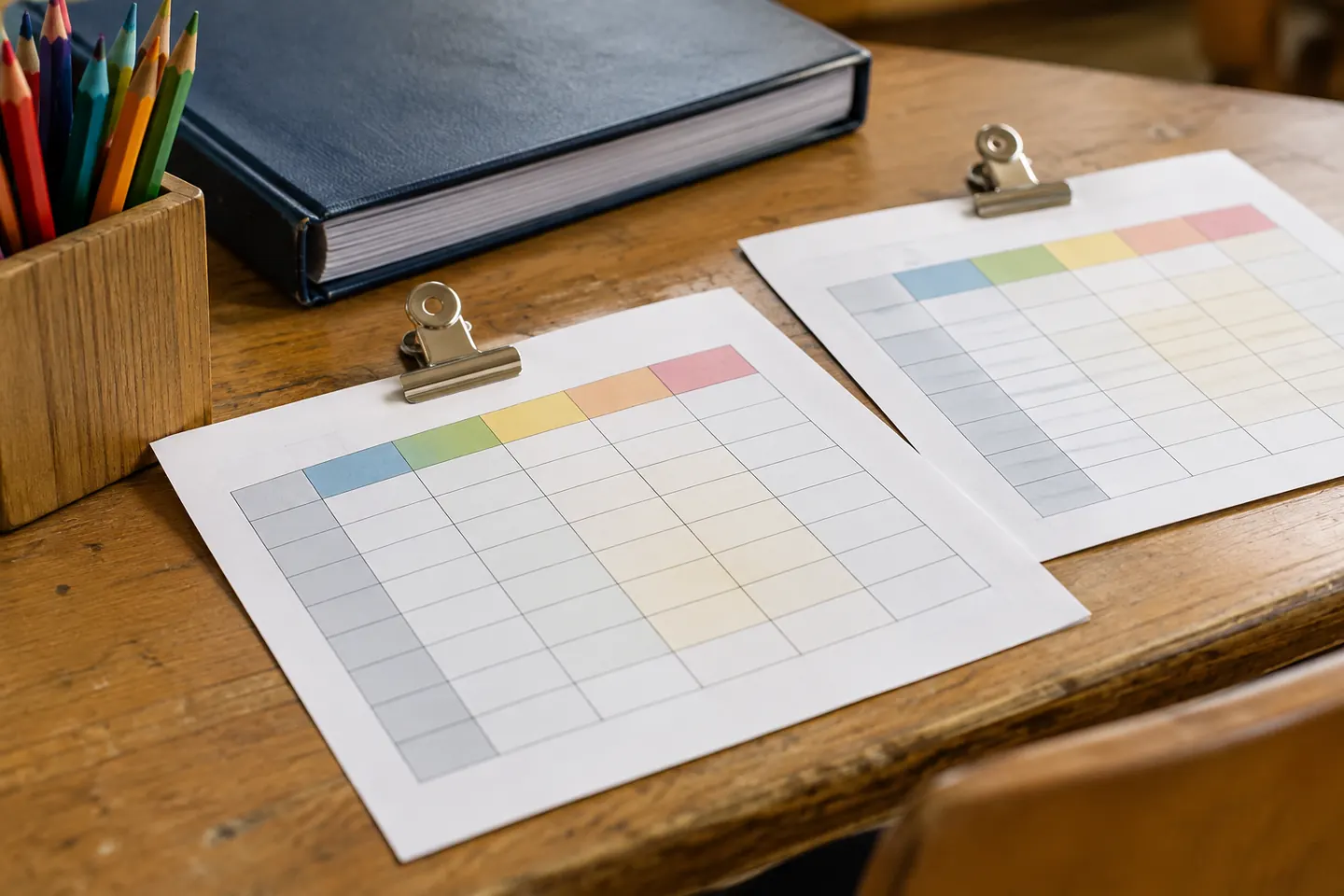 Two clipped timetable sheets beside coloured pencils and a closed classroom register