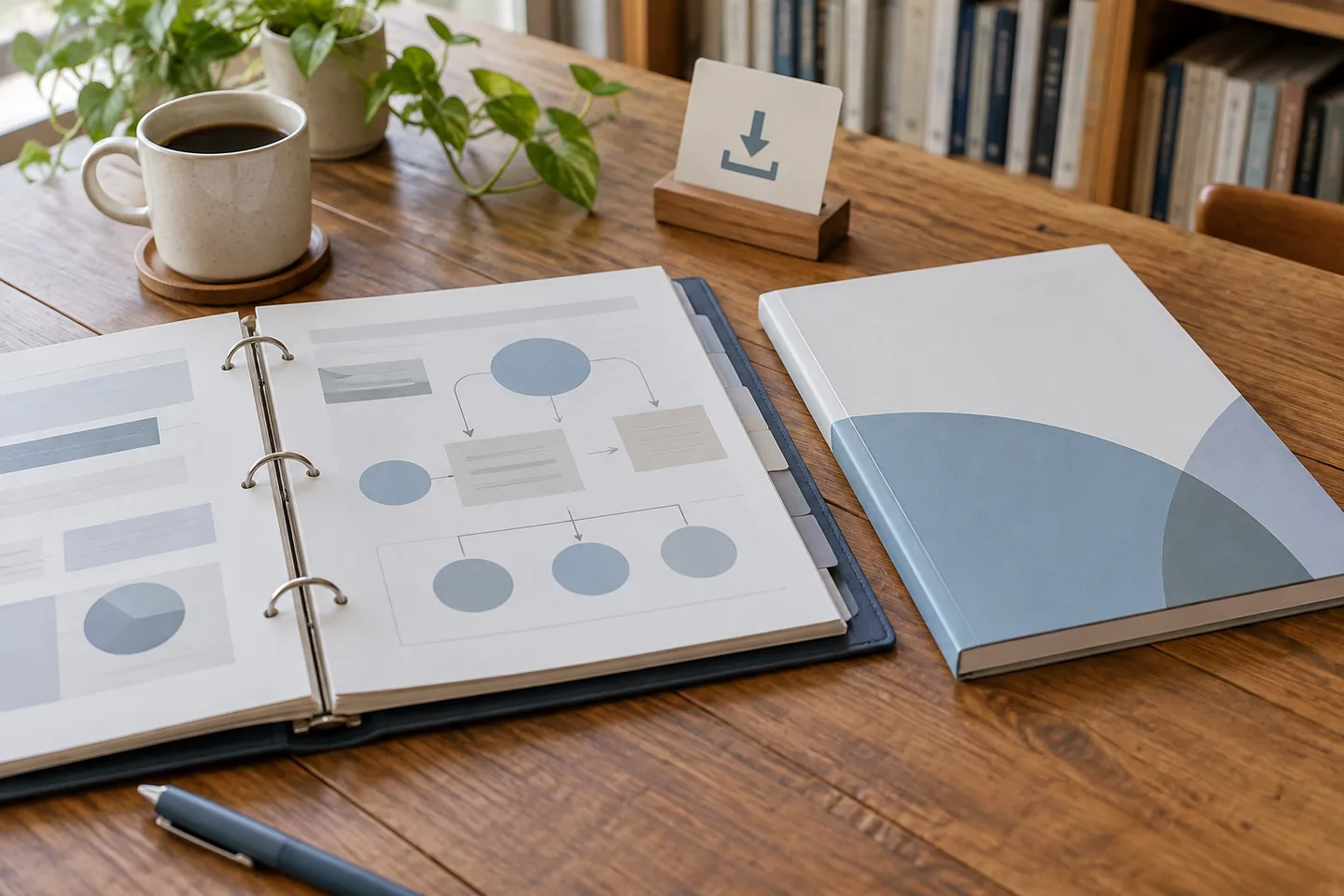 A ring-bound manual open to a diagram beside a closed catalogue cover on a library table