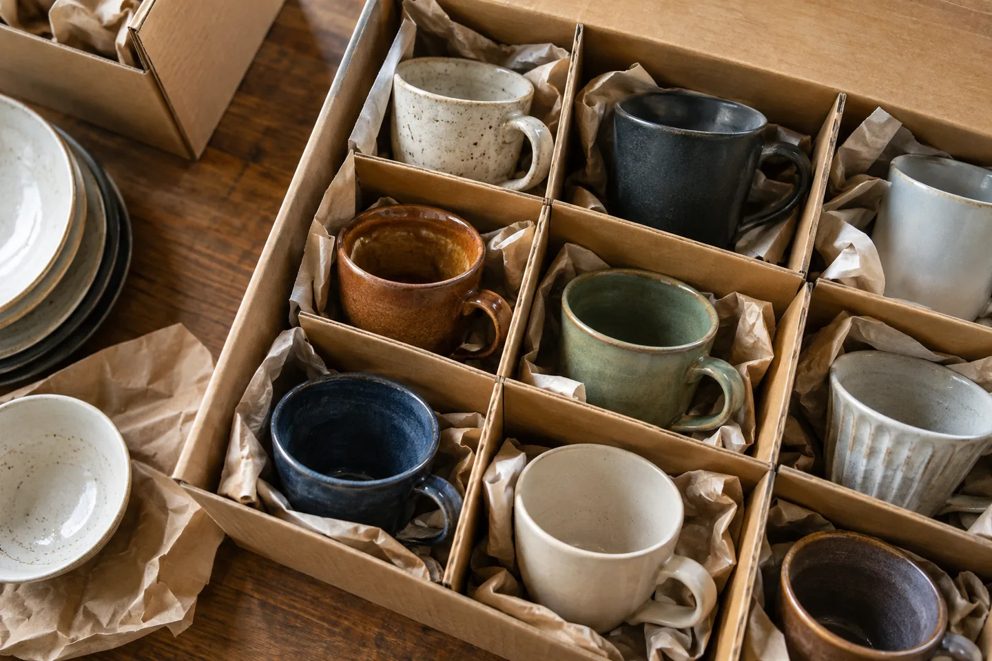 Overhead view of distinct cup groups separated by natural paper dividers on a packing table