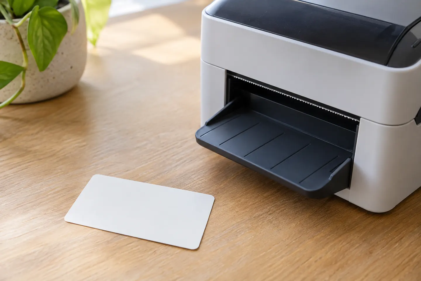 A single blank confirmation card beside a compact label printer with an empty output tray