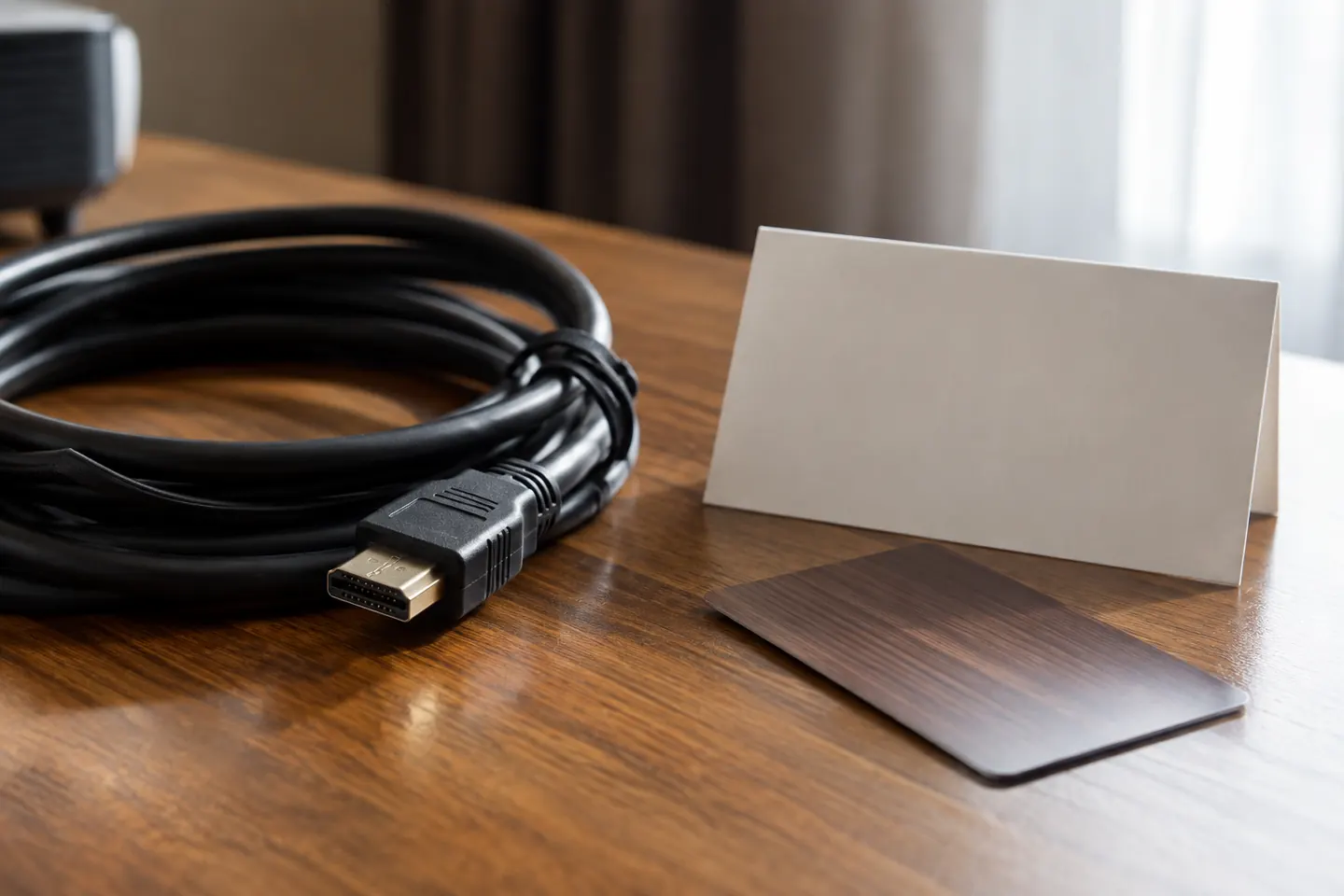 Closeup of coiled projector cable beside a room key and blank reservation card