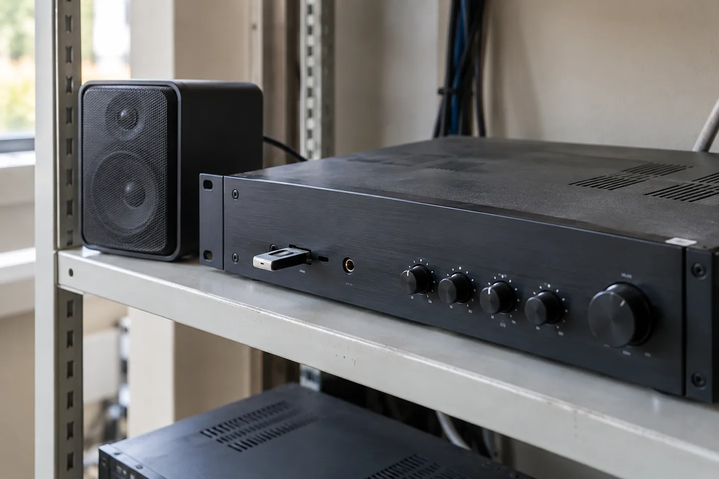 A rack-mounted amplifier with a USB drive and a small speaker on a maintenance shelf