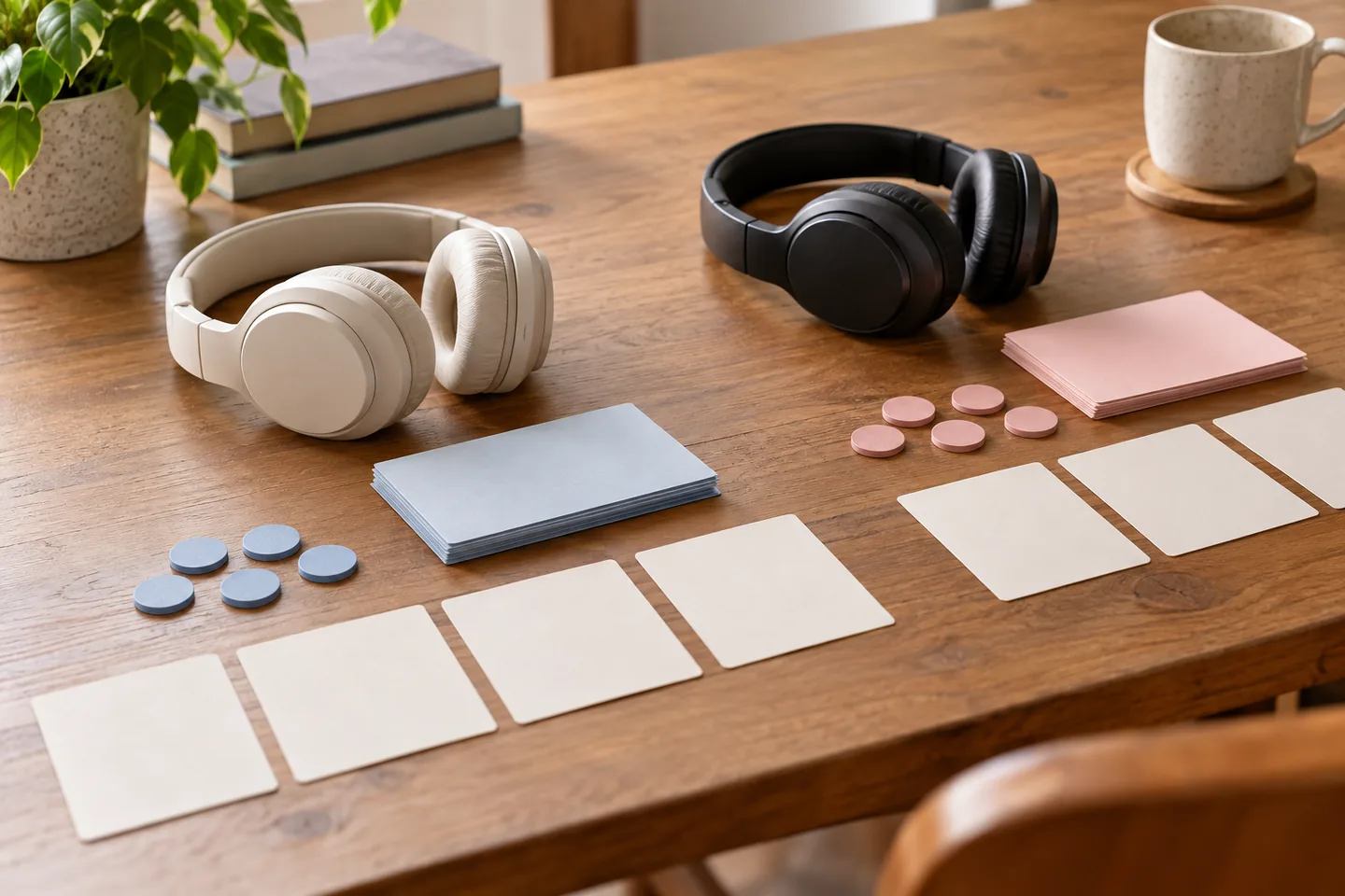 Separate audio players and answer tokens neatly grouped into practice and review sets