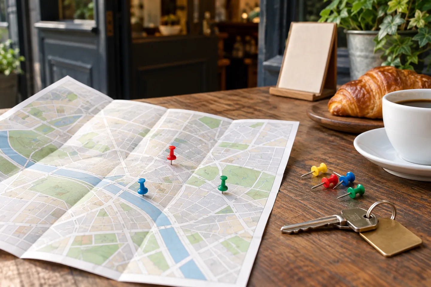 Close-up of a folded neighborhood map and colored pins arranged beside a storefront key