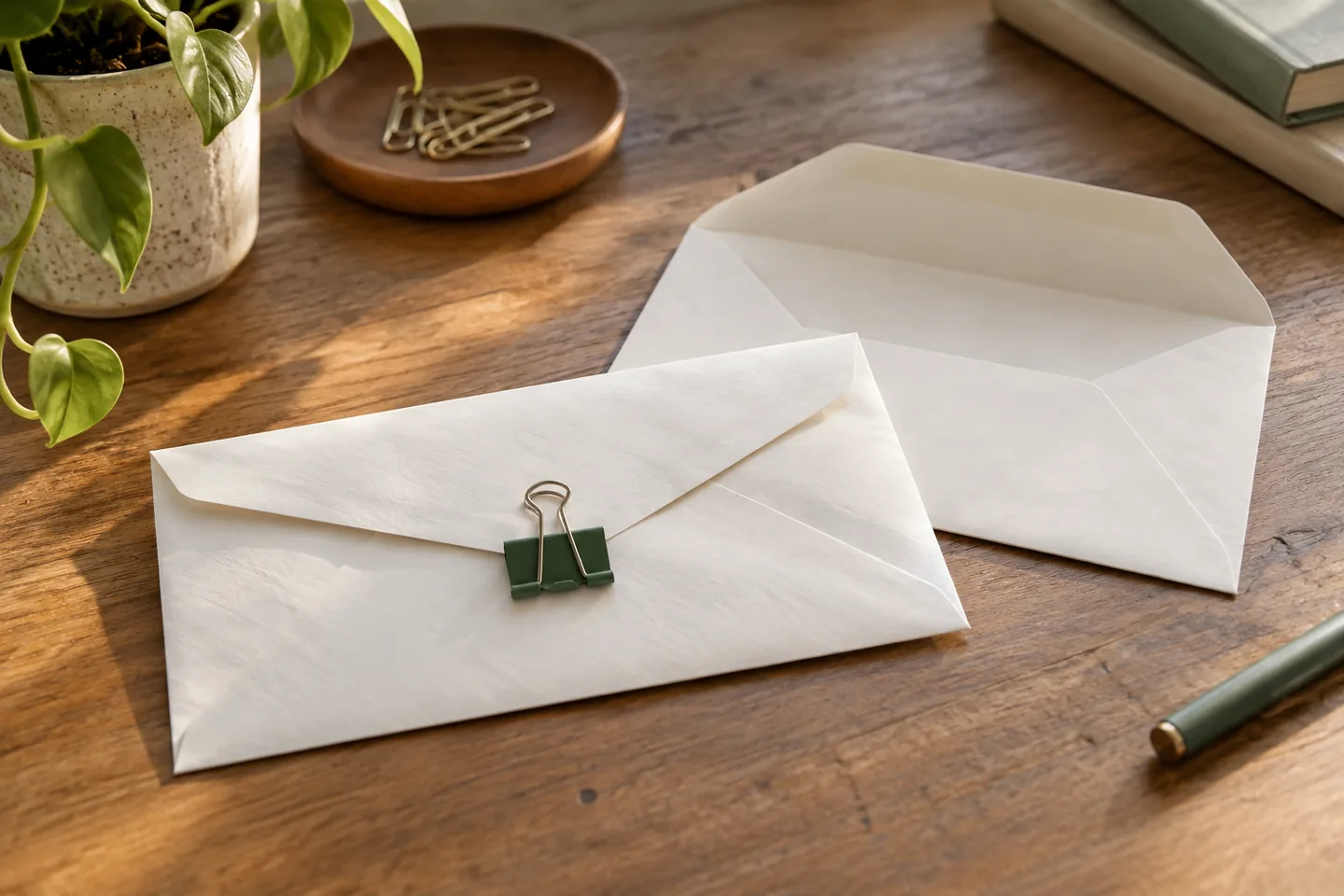 detail of a closed outgoing envelope with a green binder clip beside an unsealed envelope.