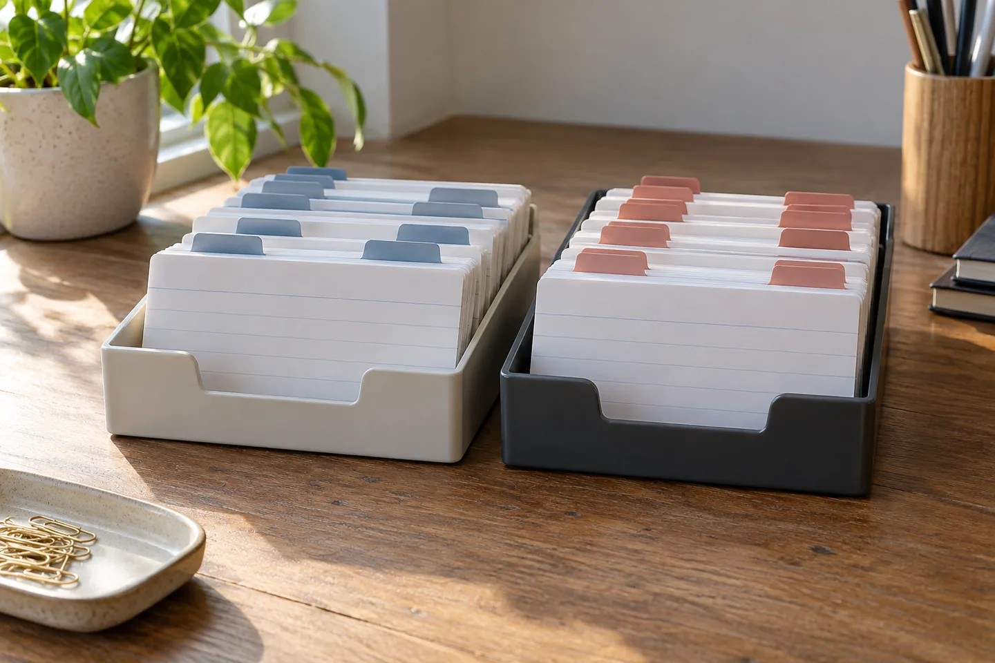 detail of two trays of blank registration cards with different colored clips.