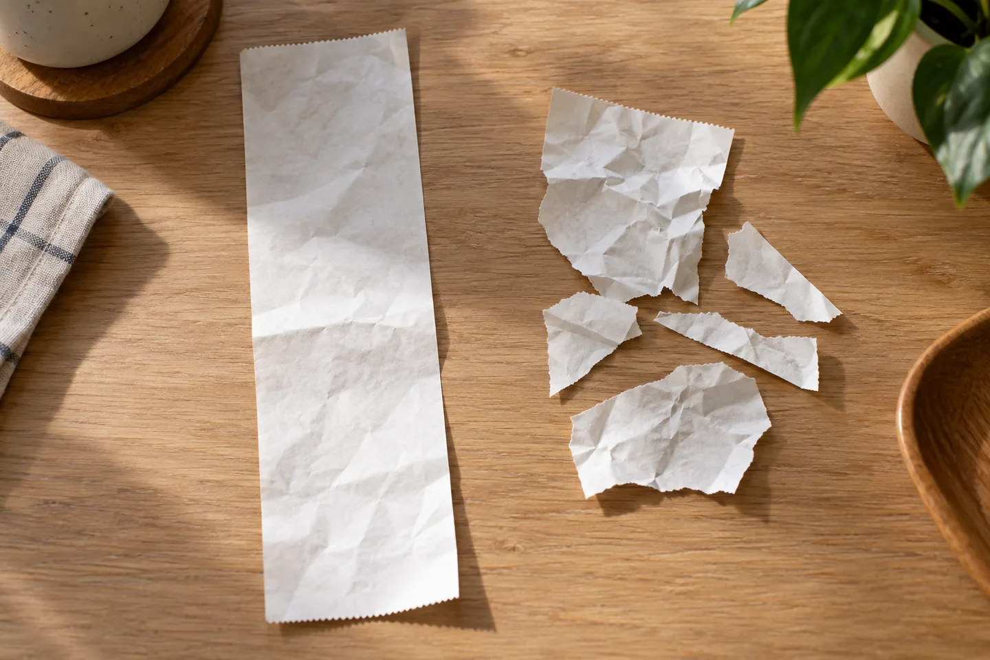overhead arrangement of a long receipt beside separated damaged receipt fragments.
