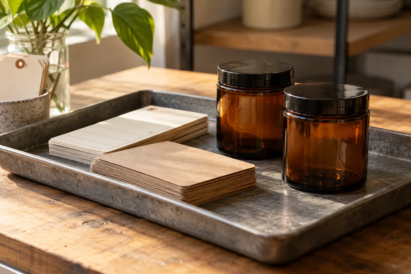 close-up of a tray containing the last two amber glass jars beside stock cards.
