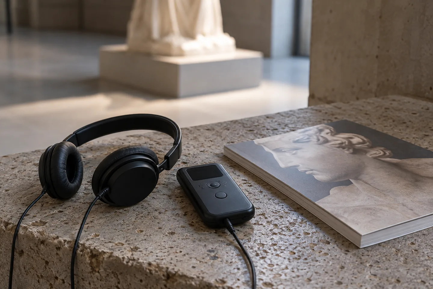 彫刻の図録に添えた音声受信機とヘッドホン