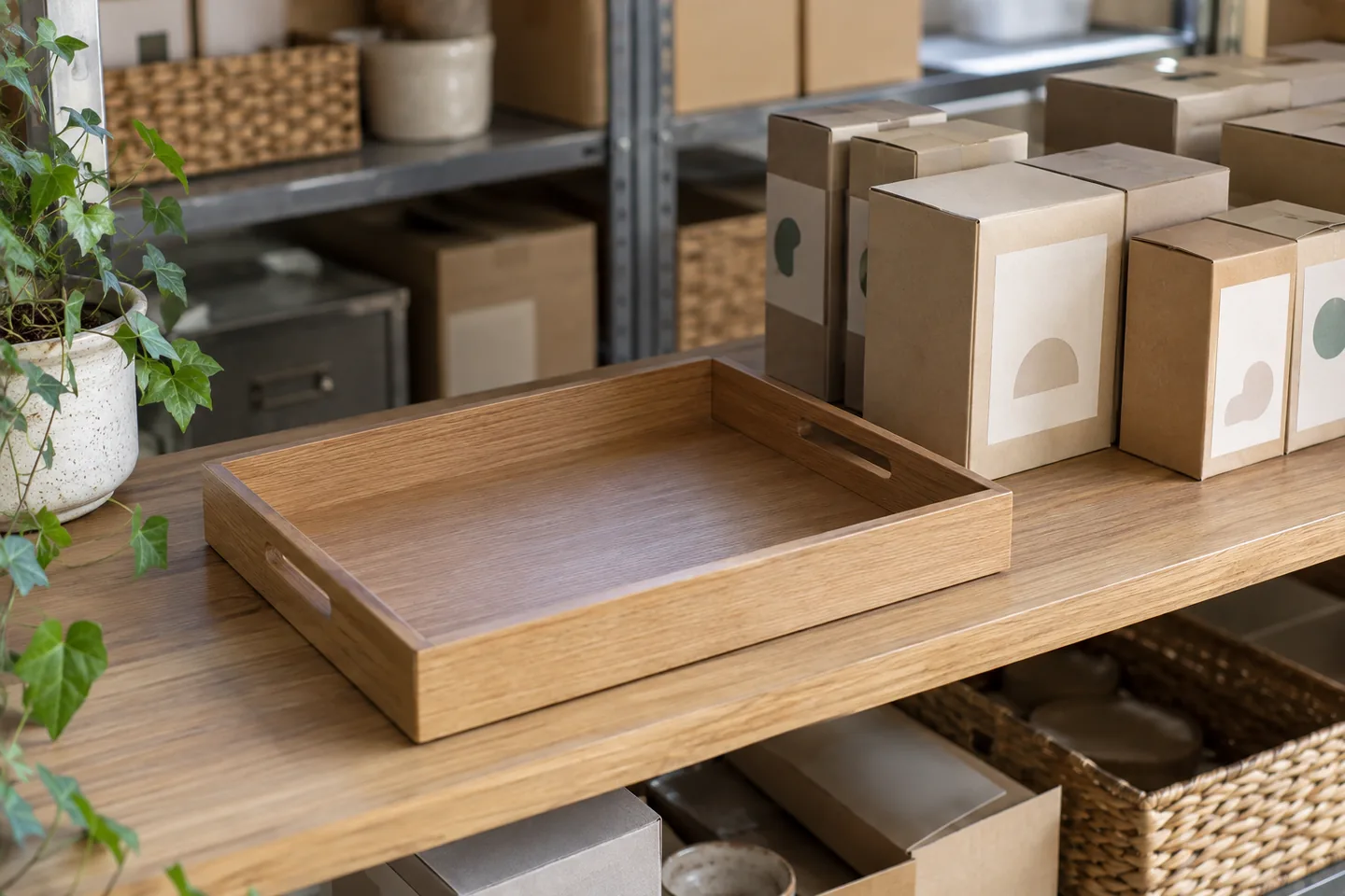A single reserved empty tray beside boxed products in a small stockroom
