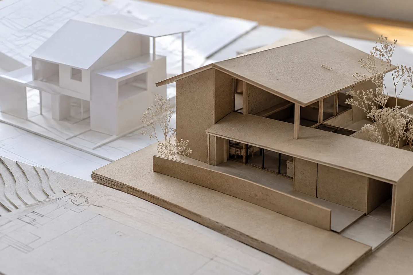 建築模型と素材見本を並べた制作室