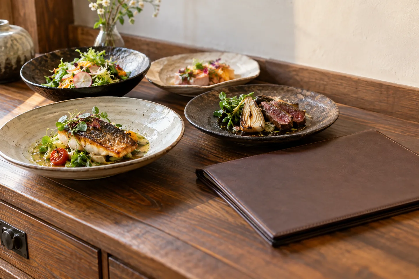 Seasonal dishes photographed individually beside a closed menu folder on a wooden sideboard
