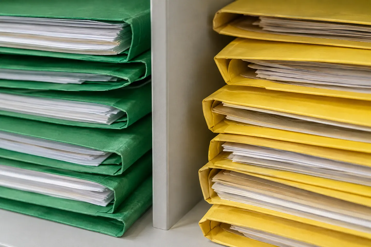 Detail of two labelled-by-colour renewal folders separated by a plain divider