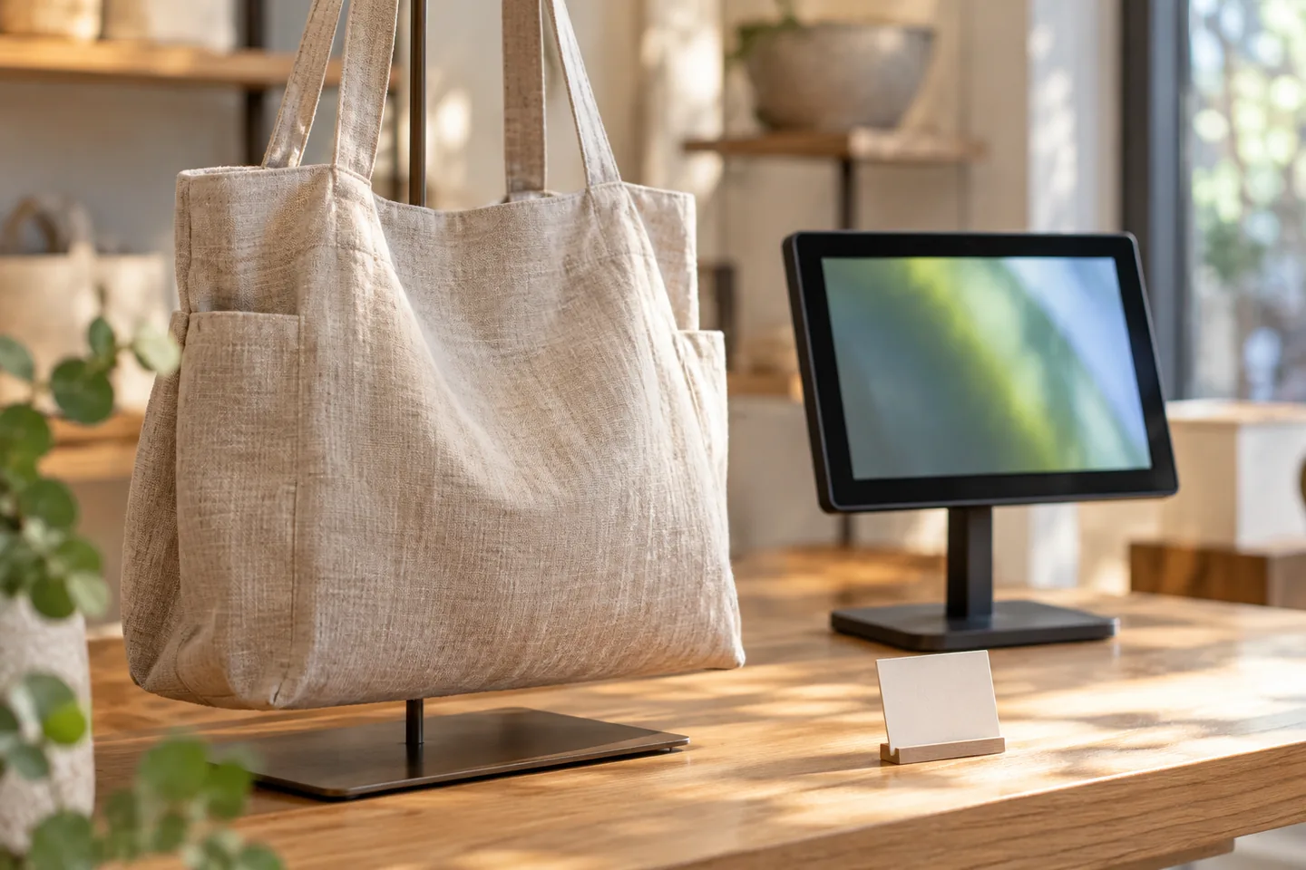 Close-up of a linen bag on a display stand with a compact silent signage screen in the background