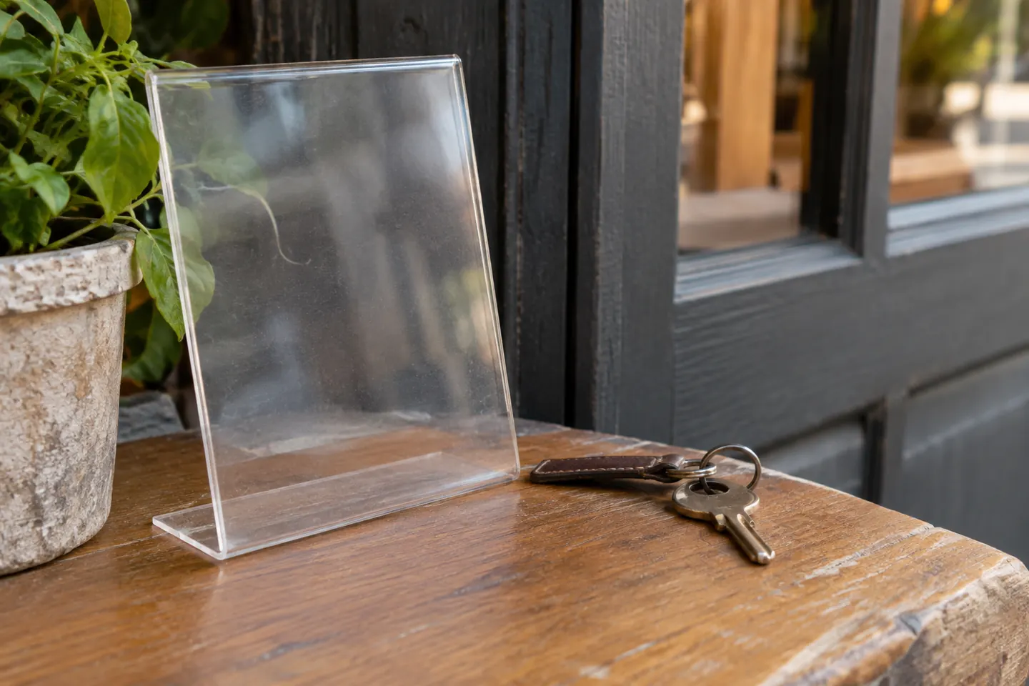 An empty notice holder stored beside a shop key after reopening