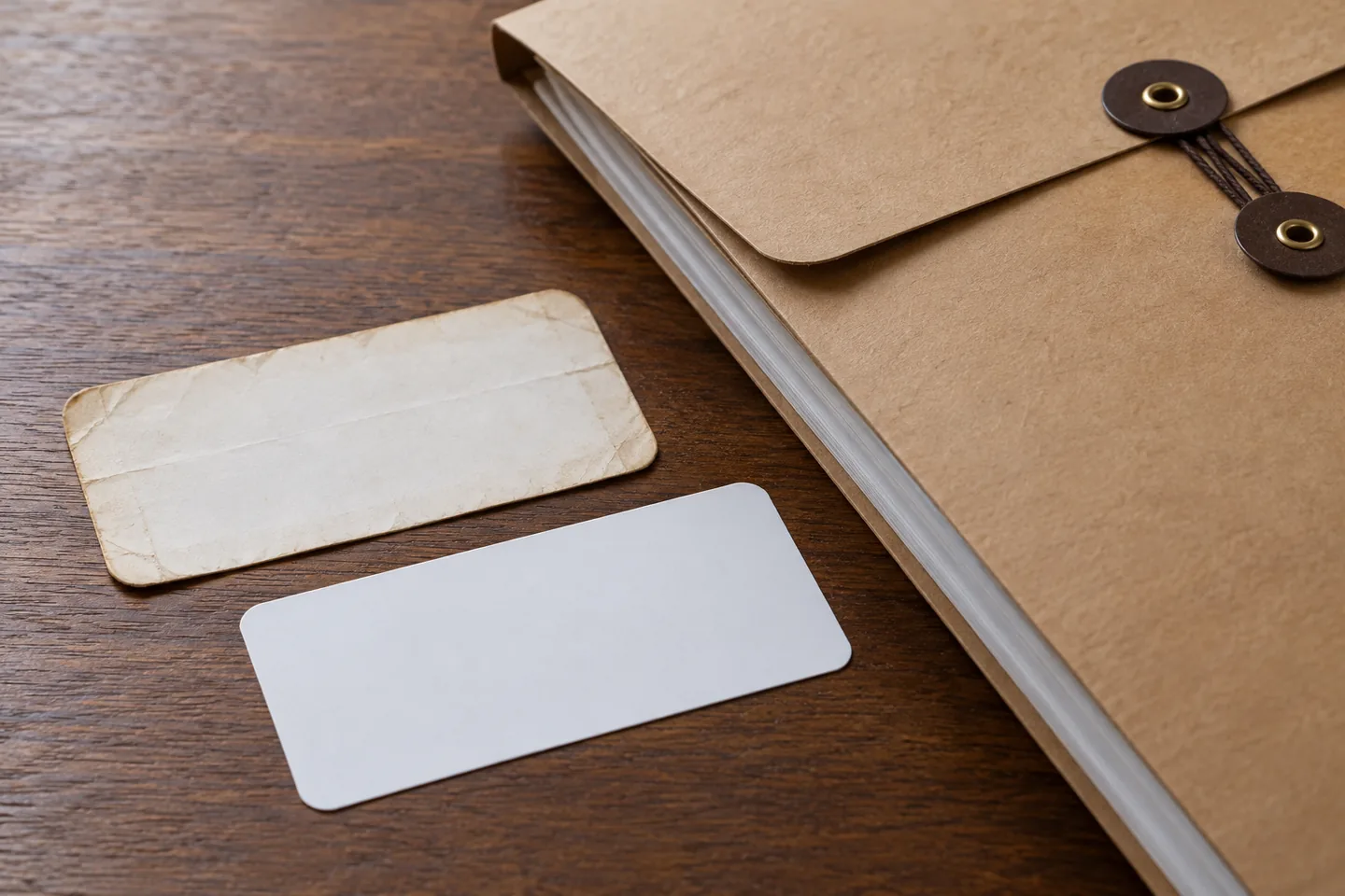 detail of an old and new blank address label beside a sealed customer folder