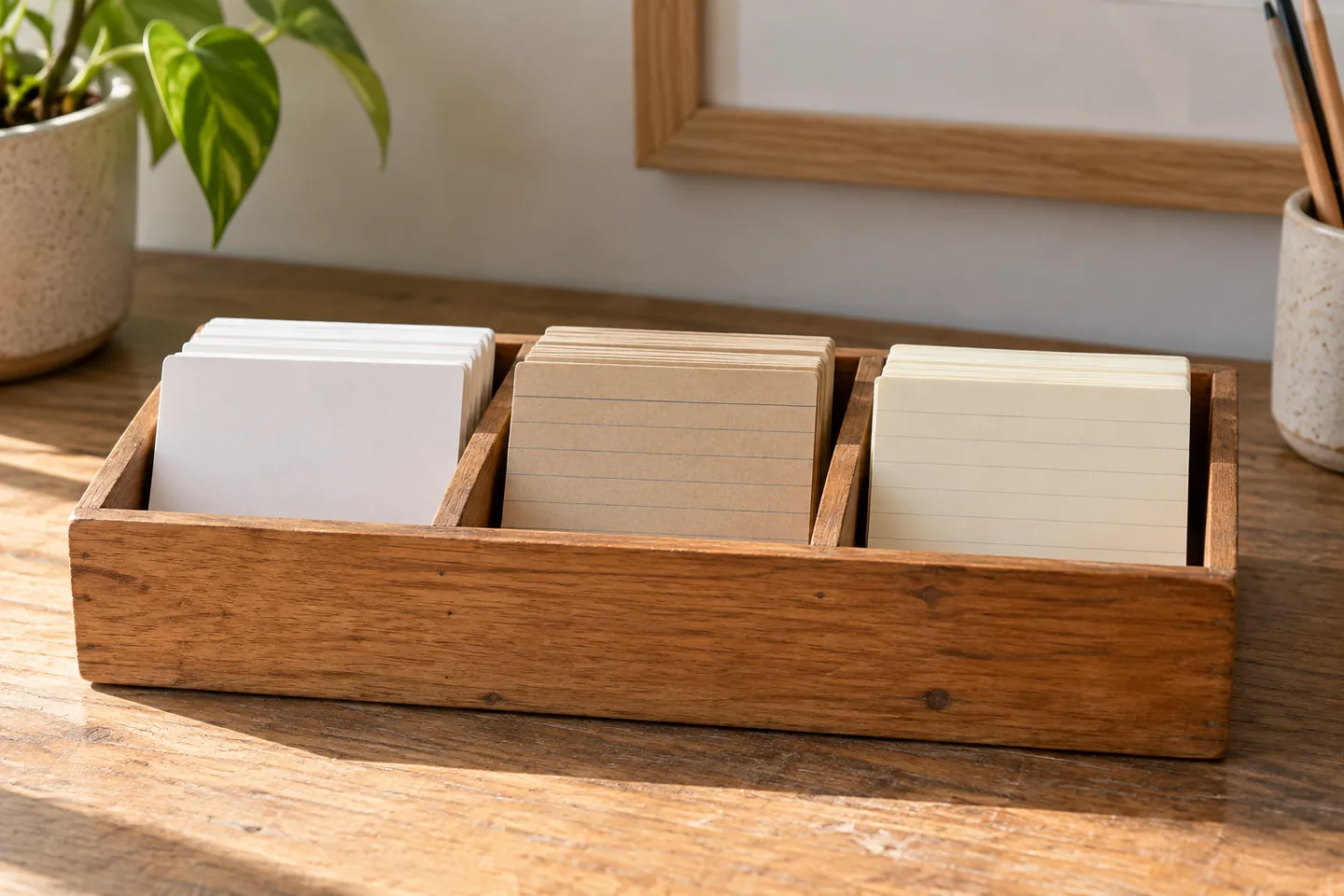 close-up of three anonymous feedback cards in separate wooden compartments.