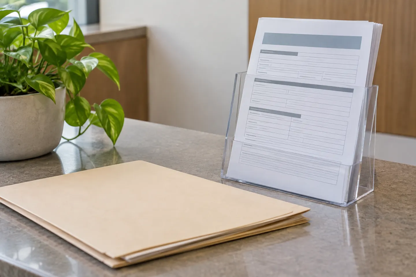 A single current application packet in a clear upright holder and an archive folder lying closed below it, reception closeup