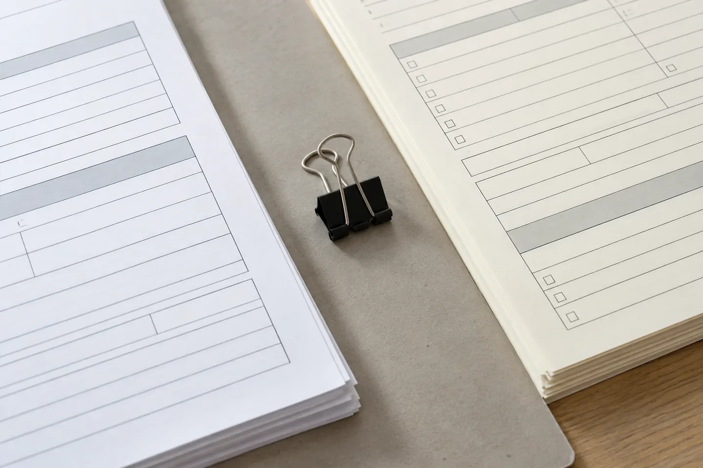 Two paper form versions separated by a neutral divider with a single binder clip