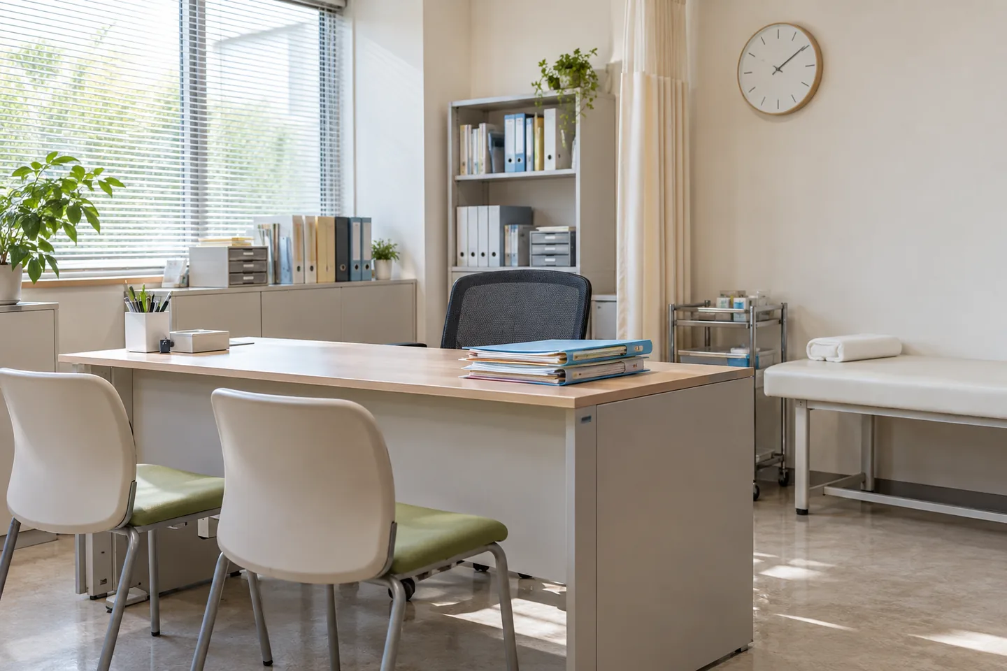 empty consultation room with appointment folders and a wall clock
