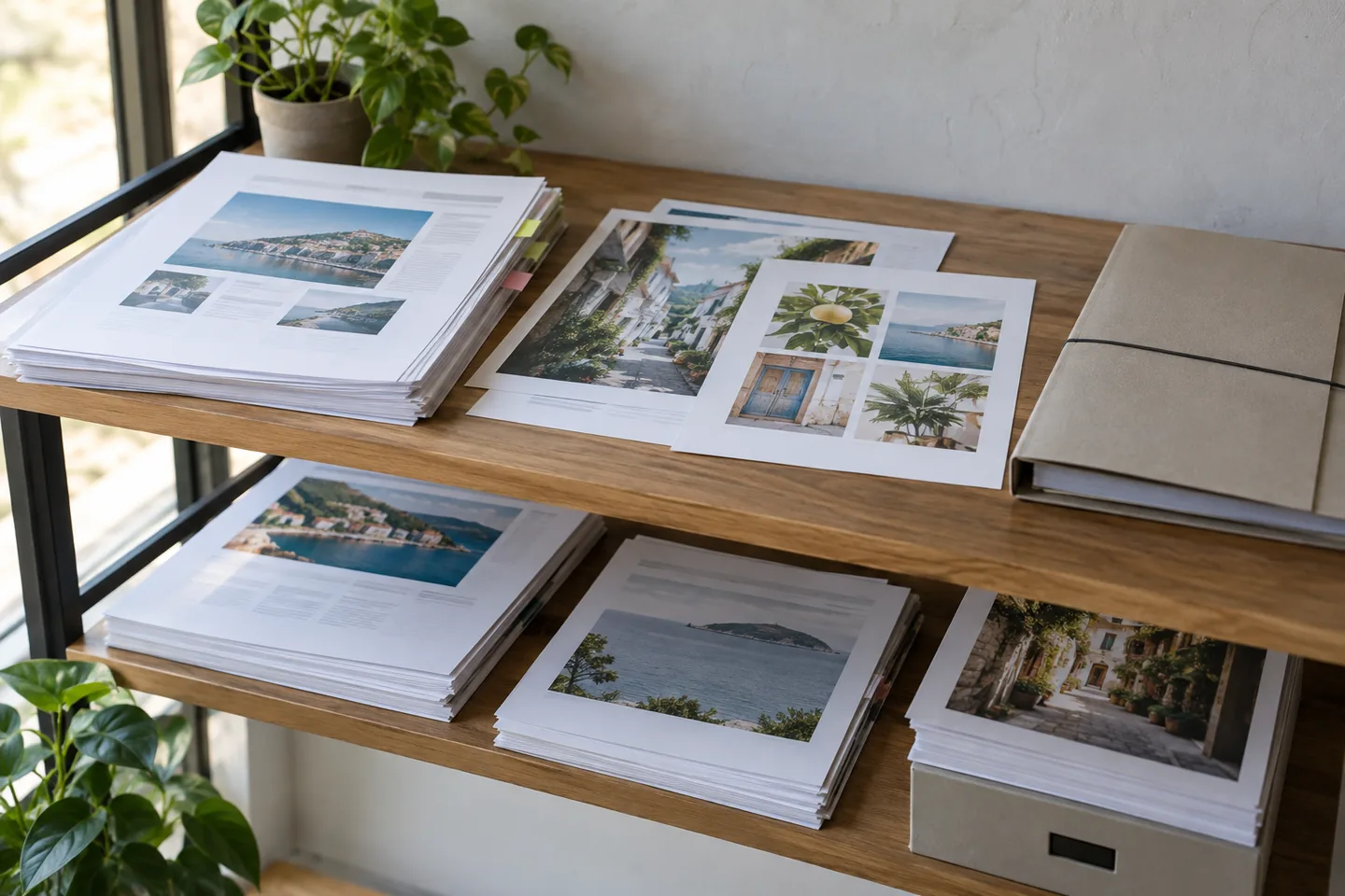 editorial production shelf with page proofs, photo prints and a closed publication folder