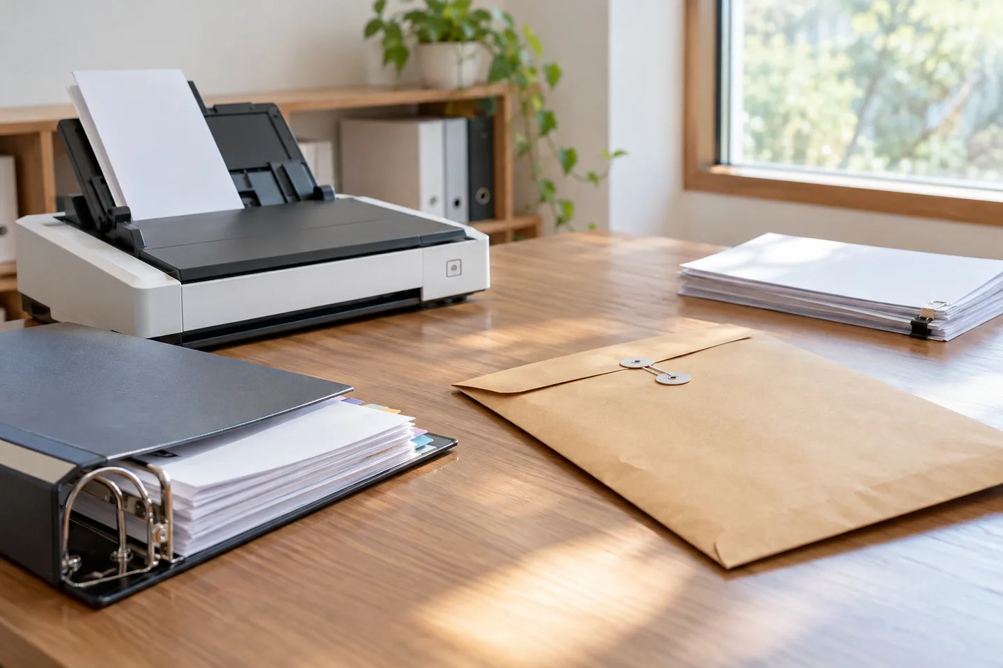 document intake station with a scanner, binder and sealed submission envelope