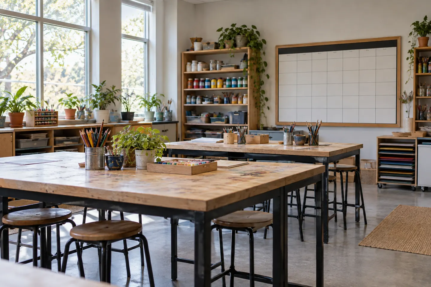 An empty craft classroom with arranged materials and a large blank timetable board