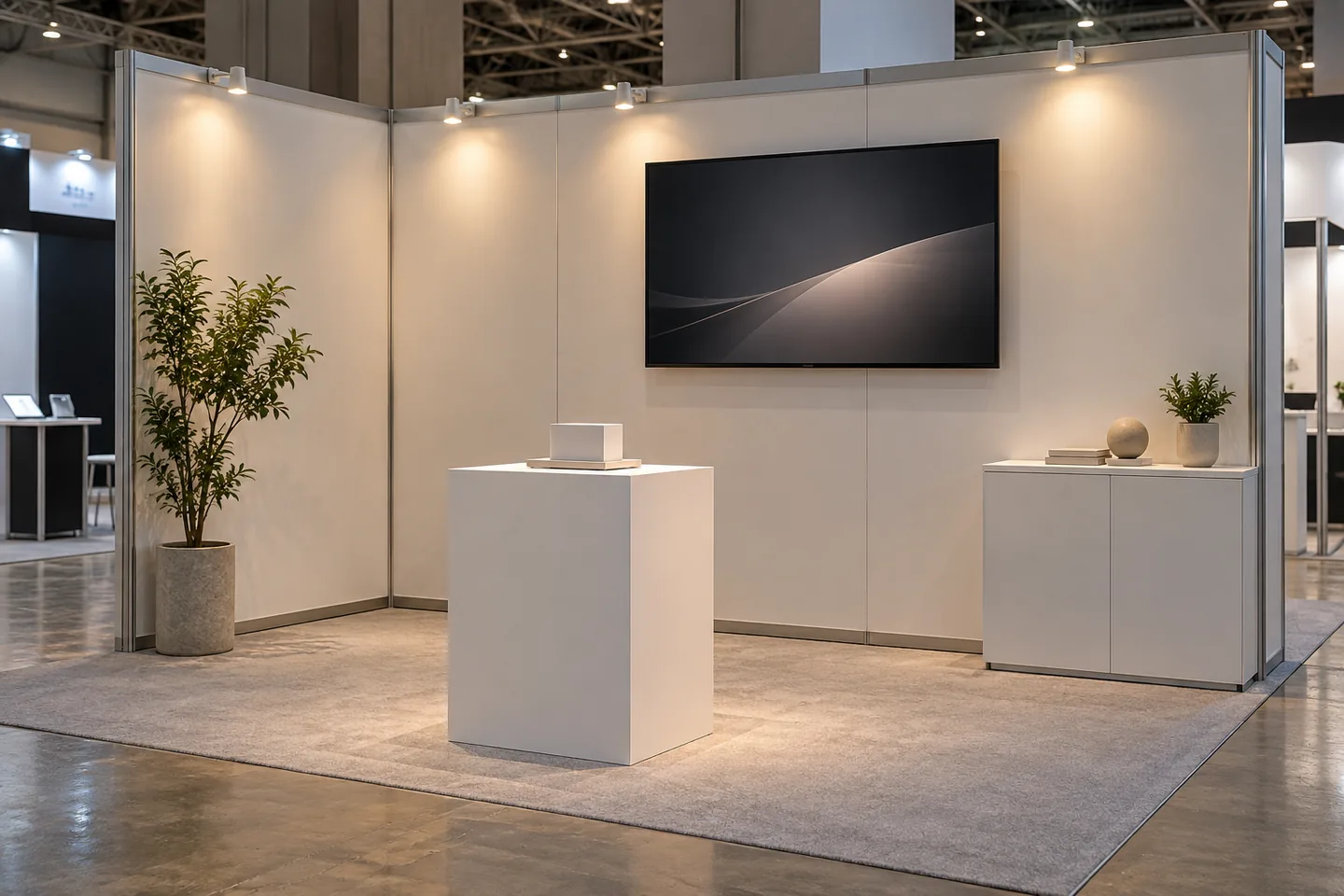 An empty exhibition booth with a product pedestal and monitor