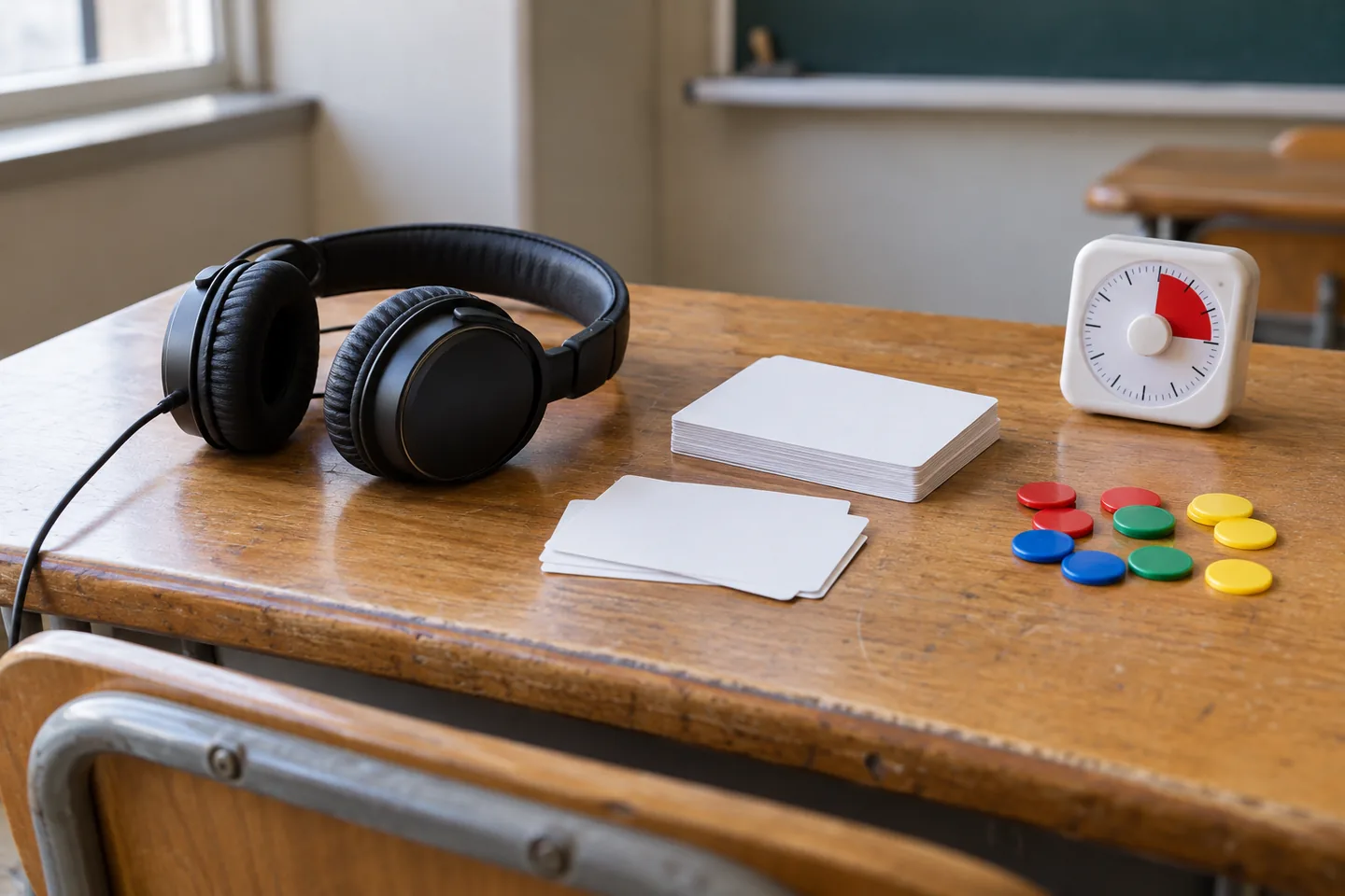 Headphones and study cards on a classroom desk