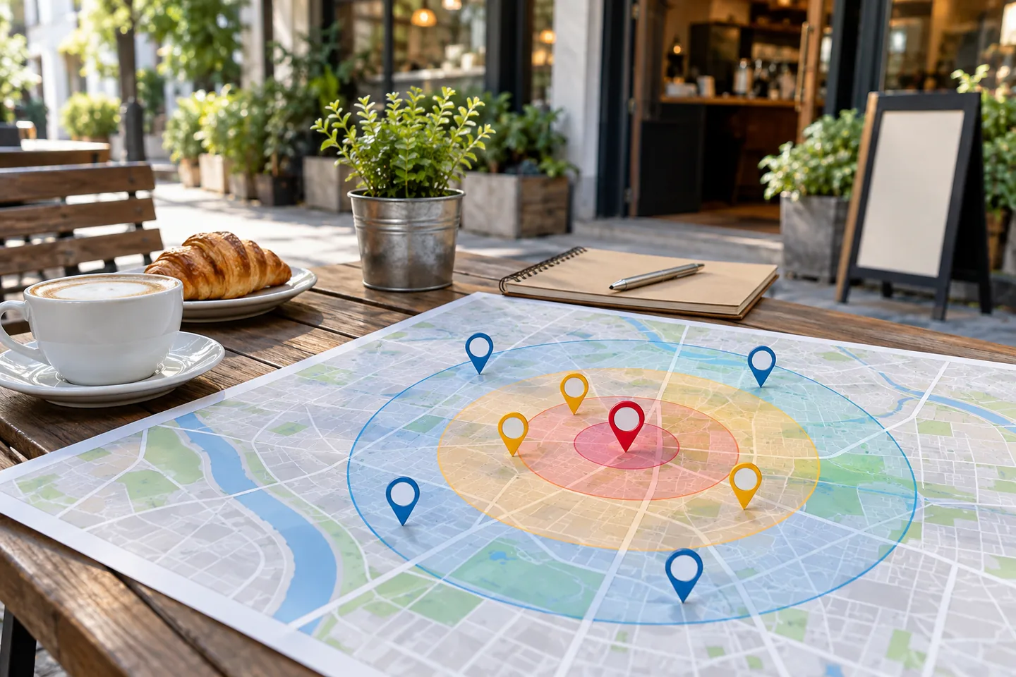 A neighborhood map and service-area pins