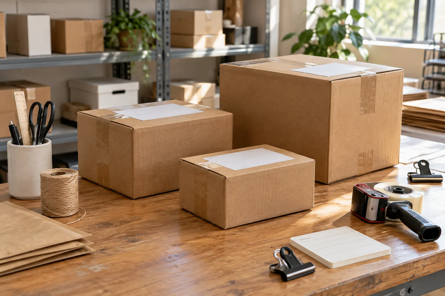 mailroom packing station with three staged parcel boxes and approval clips.