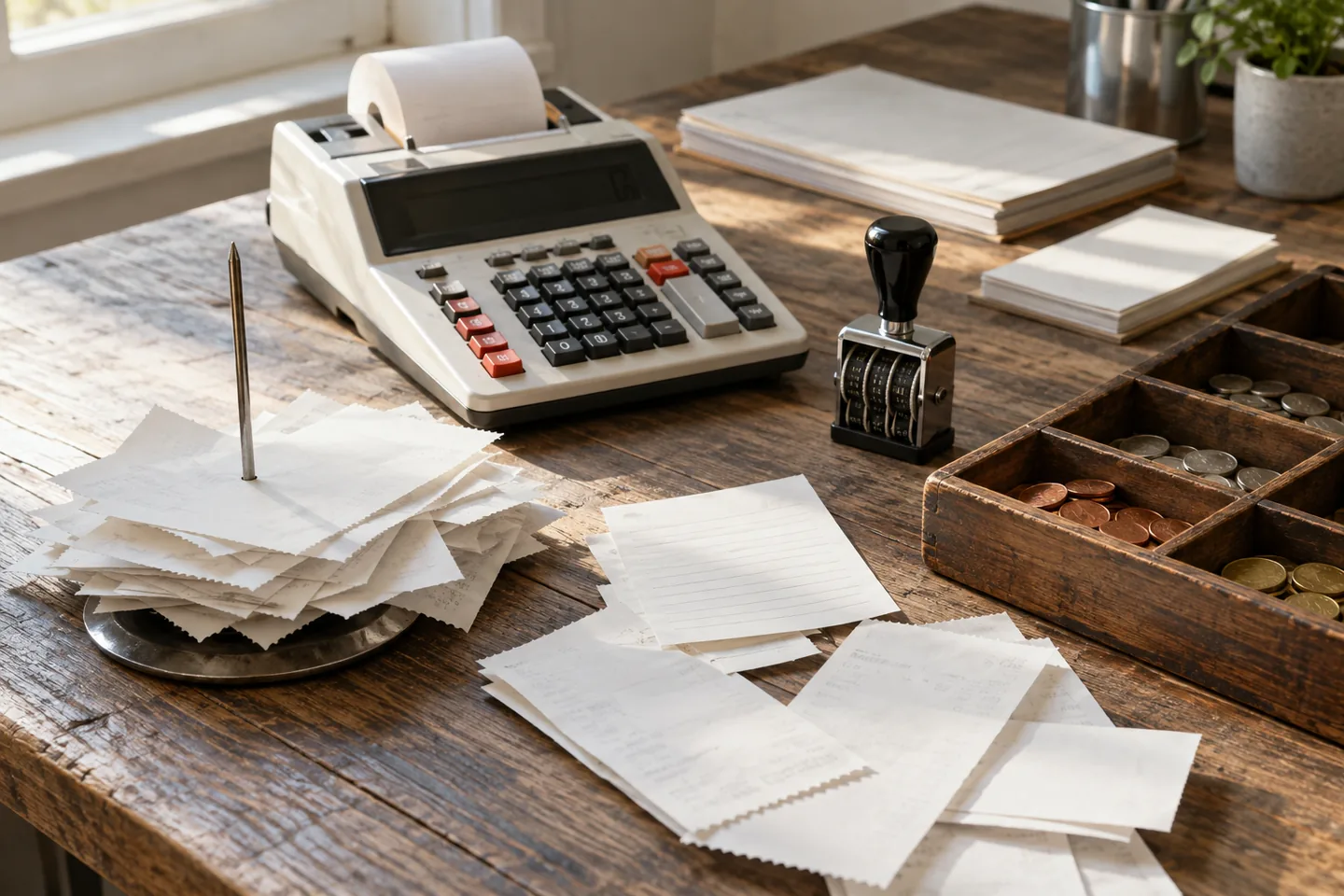 accounts counter with assorted receipts, a date stamp and currency coin trays.
