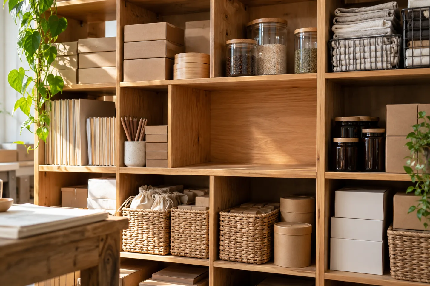 small shop stockroom with a nearly empty wooden cubby and full neighboring cubbies.