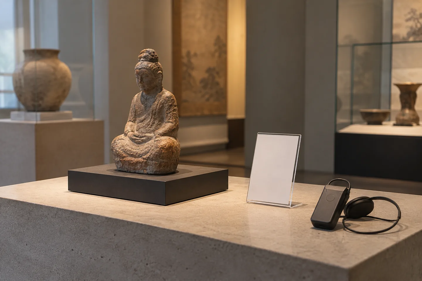 彫刻と音声ガイド端末のある展示室