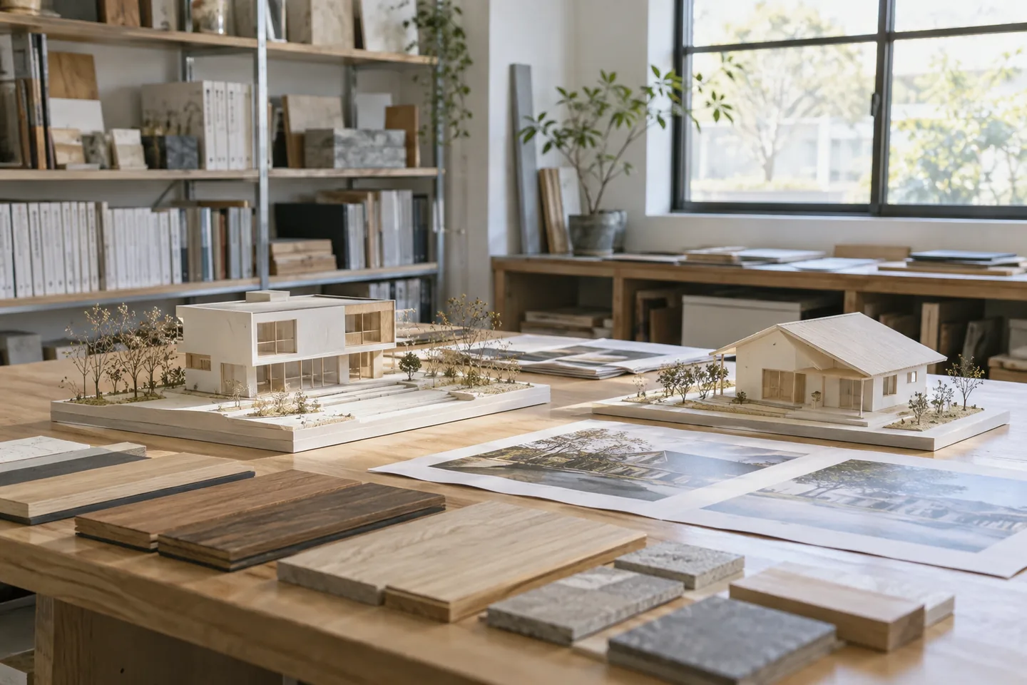 建築模型と素材見本を並べた制作室