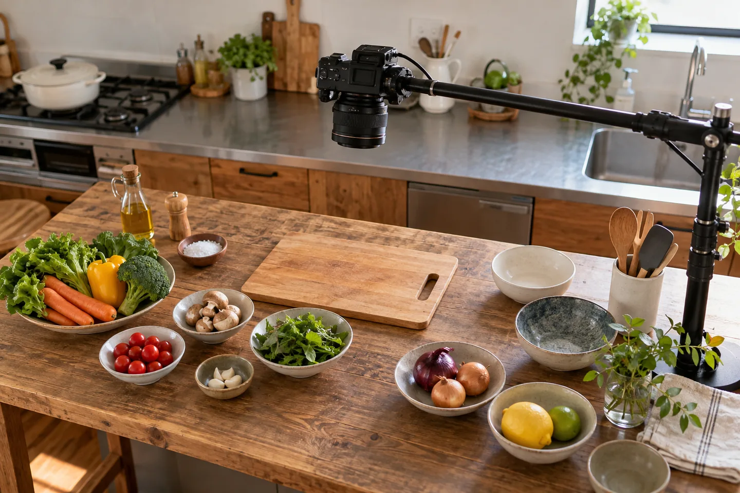 食材と俯瞰撮影用カメラを用意した調理台
