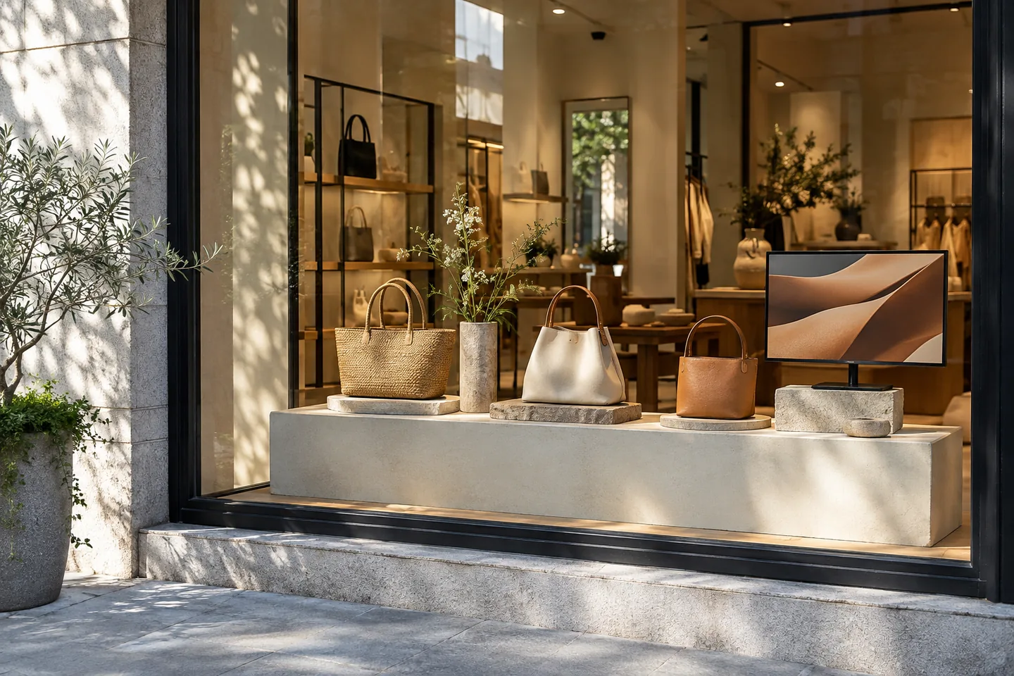 A shop window with bags and a small video display