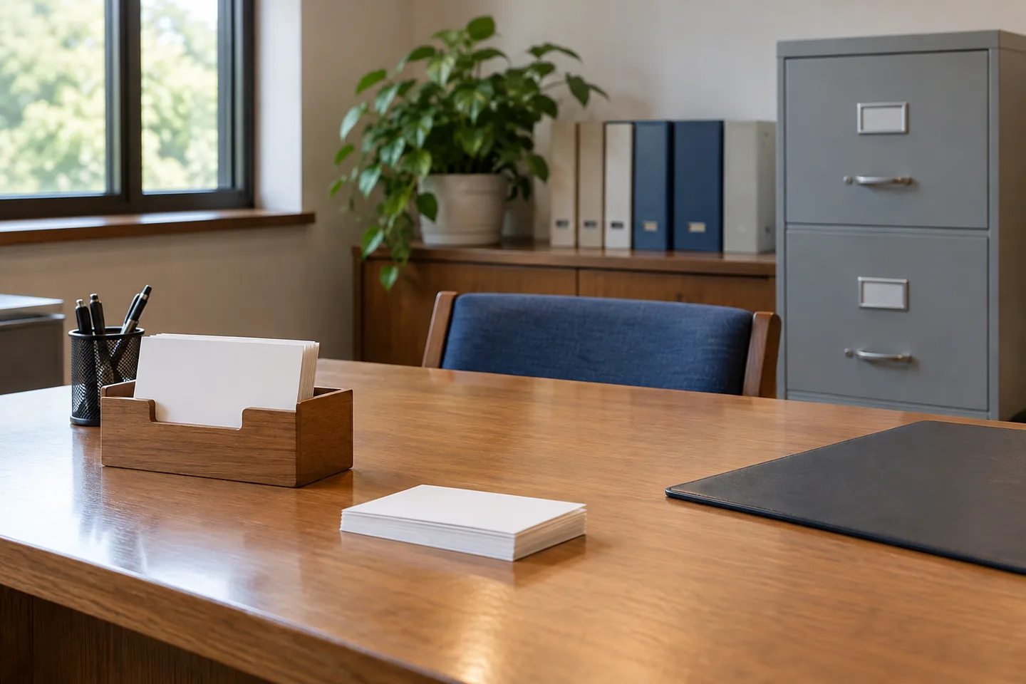 membership desk with blank address cards and two closed filing drawers