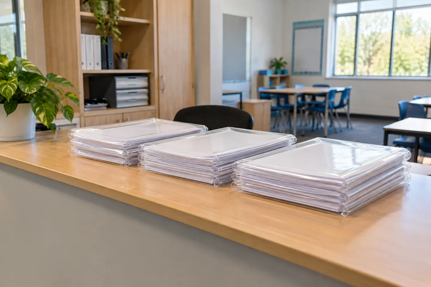 Neatly stacked blank application packs in clear sleeves at an empty class reception