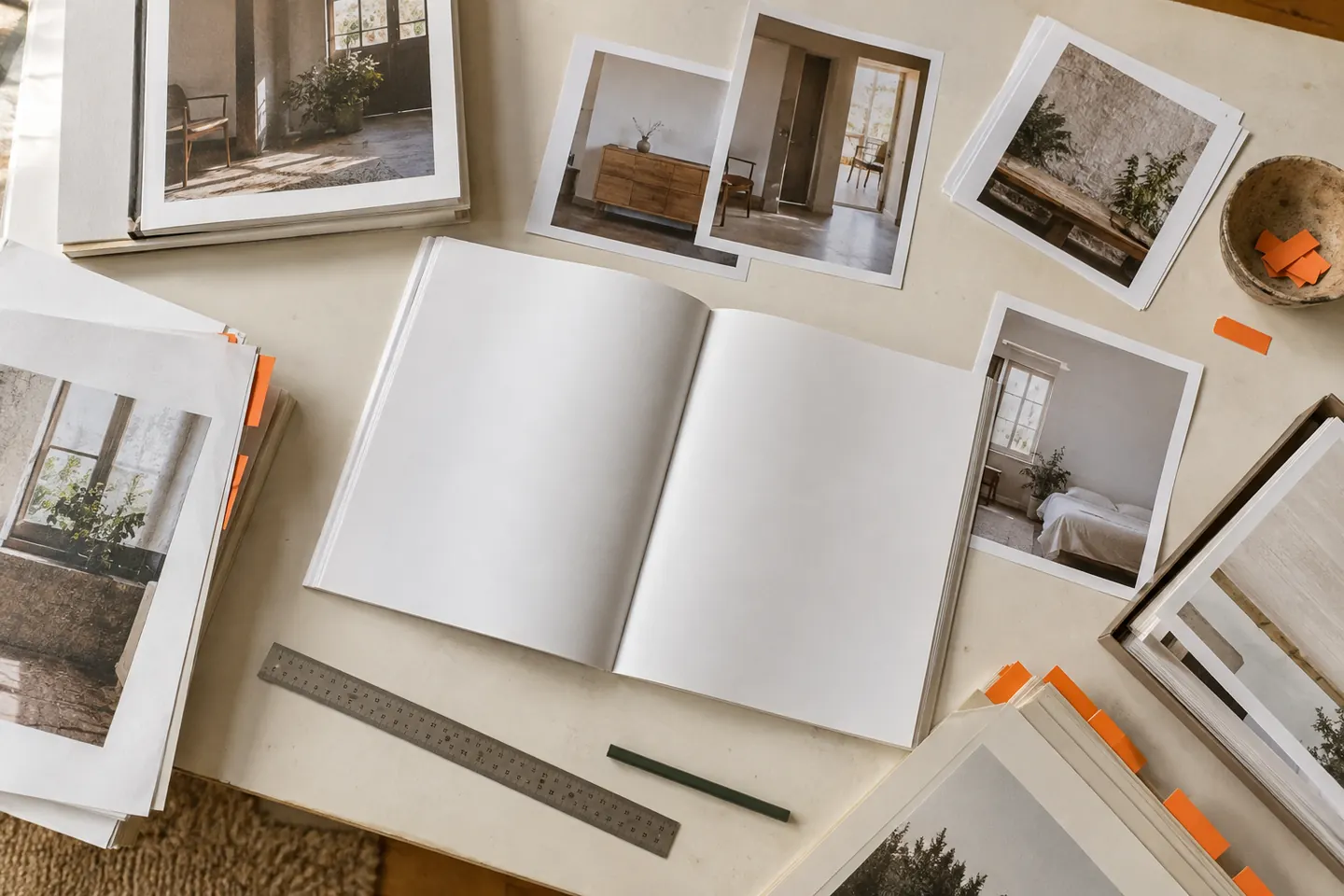 An editorial table used to organize photographs and page mockups